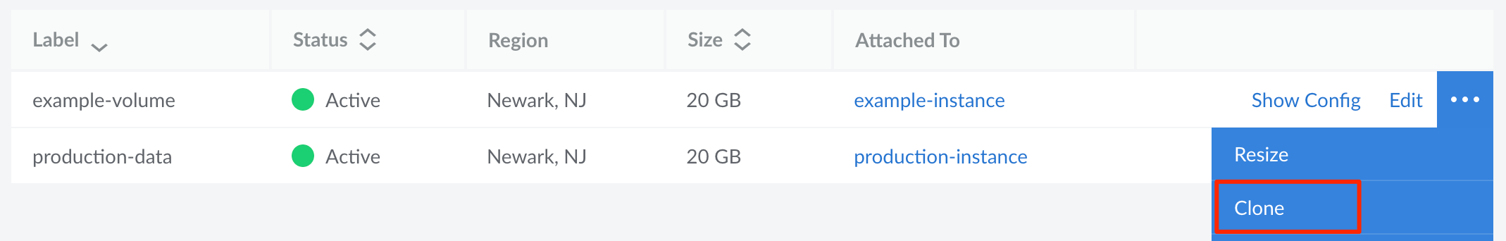 Screenshot of the Clone link for a Block Git-Sync volume